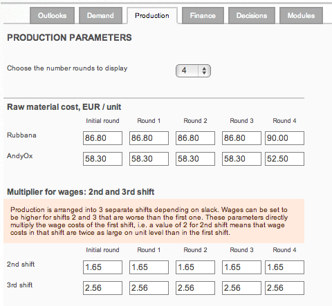 Edit business simulations case parameters