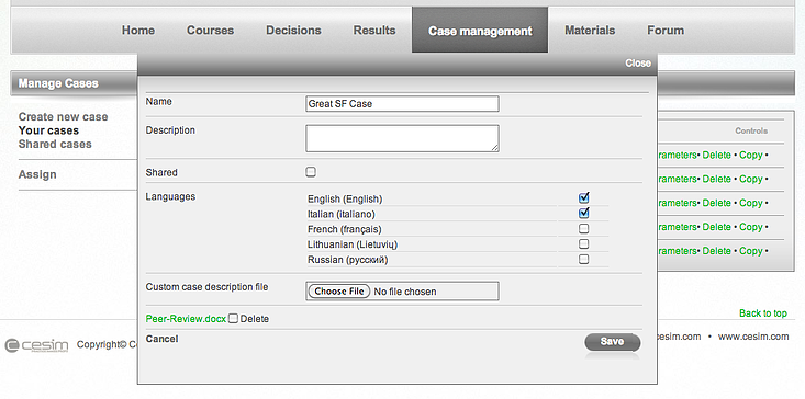 Edit business simulations case settings