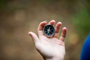 Close-up of hand holding compass in forest
