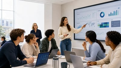 Eine Studentin präsentiert ihrem Team die Ergebnisse eines digitalen Unternehmensplanspiels